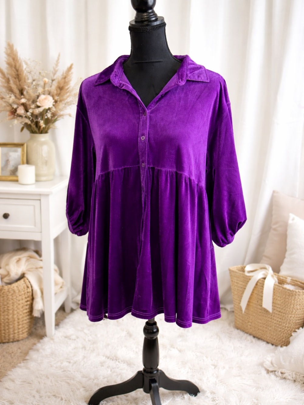 Vintage Purple Velvet Tunic Top Oversized Boho Retro Chic Soft Luxe